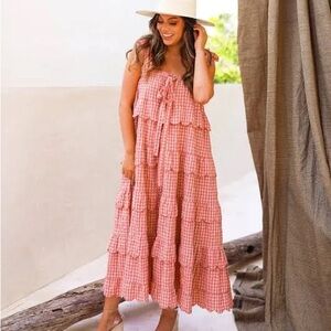 Buddy Love Coral Pink Gingham Tiered Maxi Dress